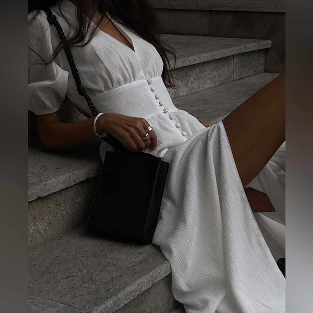 Elegant White Maxi Dress button front M - Picture 2 of 5